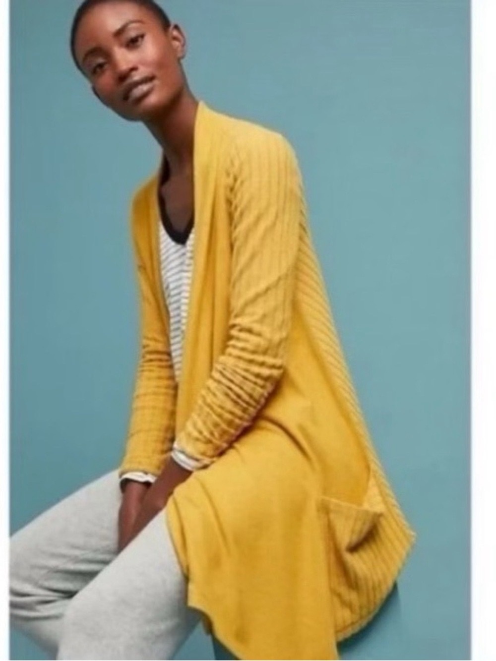Anthropologie Saturday Sunday M Open Front Mustard Yellow Ribbed Tunic Cardigan